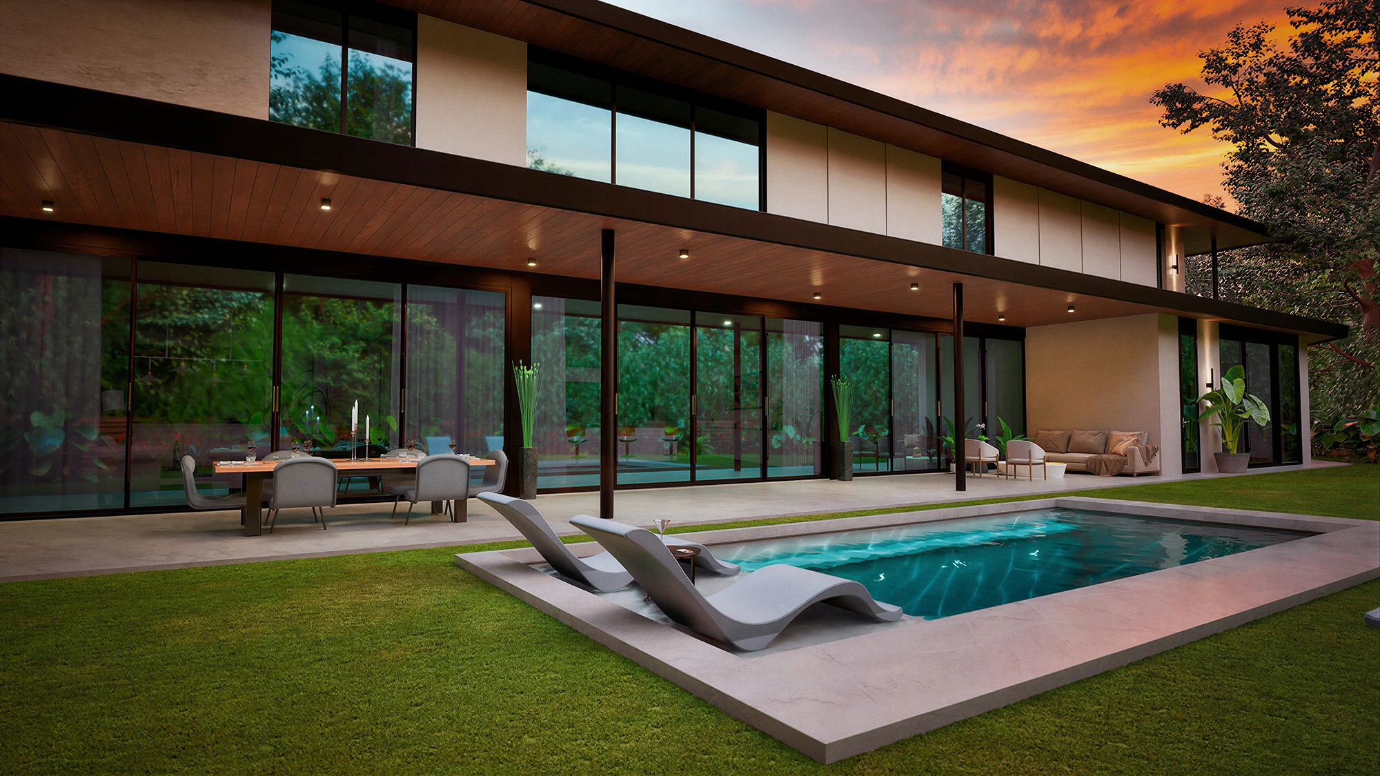 Pool terrace at sunset