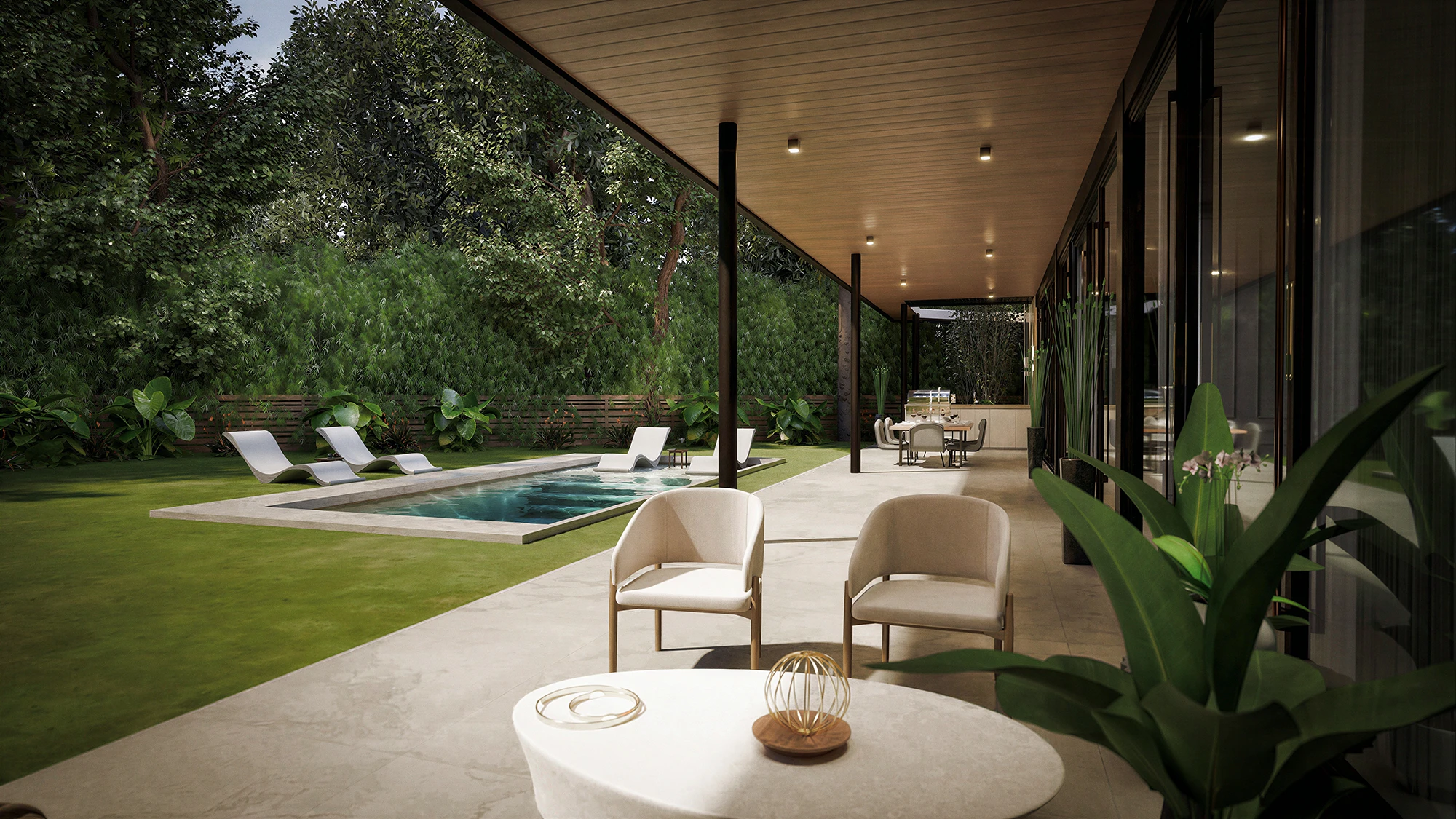 Lounge seating beside the lap pool